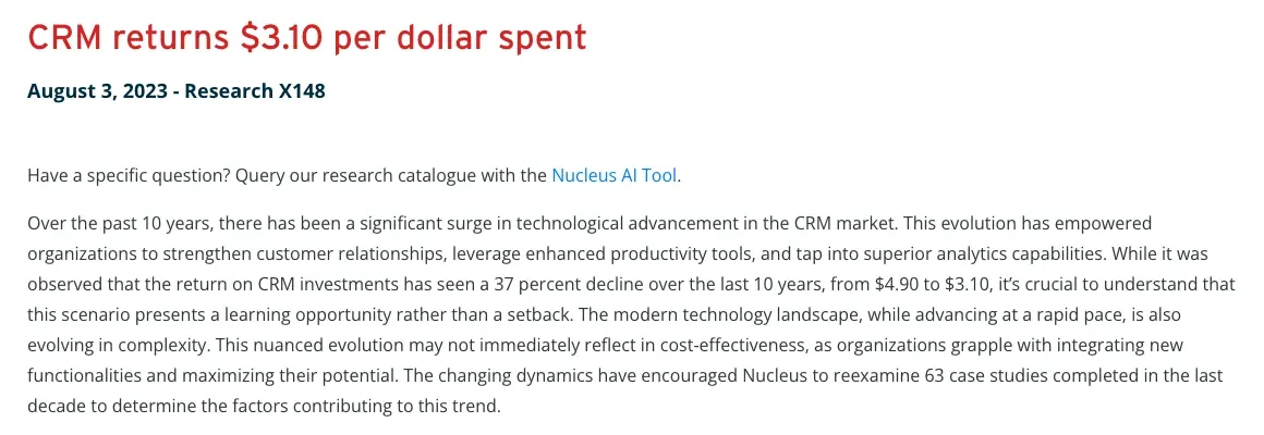 CRM benefits statistics: CRM return on investment per dollar spent, Nucleus Research case study review, 2023