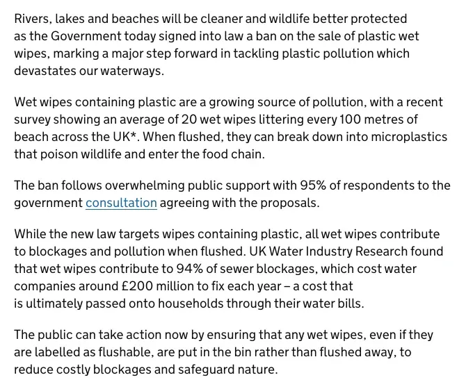 Wet wipes causing sewer blockages statistics: UK government release citing 94% of sewer blockages and about £200 million a year in clearing costs, November 2025