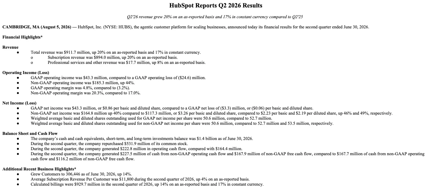 HubSpot second quarter 2026 results release showing revenue, operating income and customer count