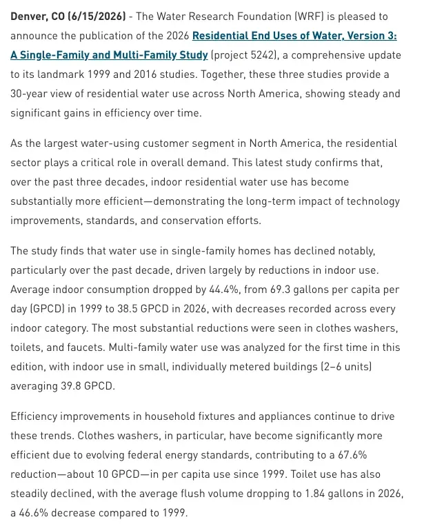 Water Research Foundation 2026 release: indoor water use per person in single-family homes fell 44.4 percent, from 69.3 gallons a day in 1999 to 38.5 in 2026