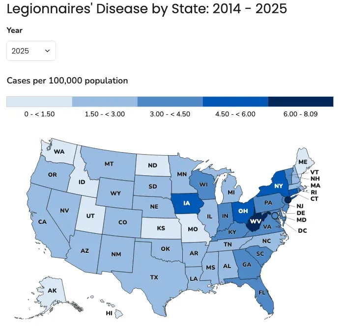 US map of Legionnaires’ disease cases per 100,000 people by state, 2025 provisional