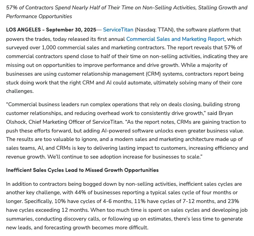 Commercial contractors’ time on non-selling work and length of sales cycle, ServiceTitan survey, 2025