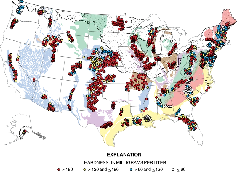 USGS map of hardness in about 2,100 US domestic wells, with red dots above 180 milligrams per liter across the center and west
