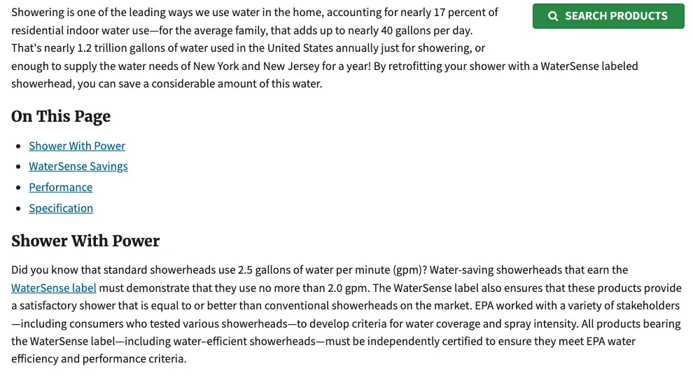 Shower water use in US homes: nearly 17 percent of residential indoor use, nearly 40 gallons per day for the average family, 2.5 gallons per minute standard against 2.0 for WaterSense