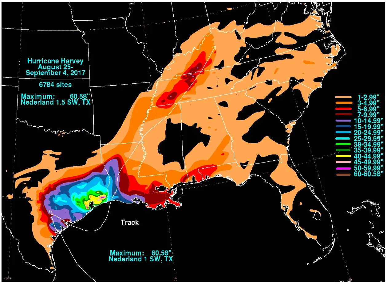 Observed rainfall totals in inches from Hurricane Harvey and its remnants, August 25 to September 4, 2017, with a maximum of 60.58 inches near Nederland, Texas