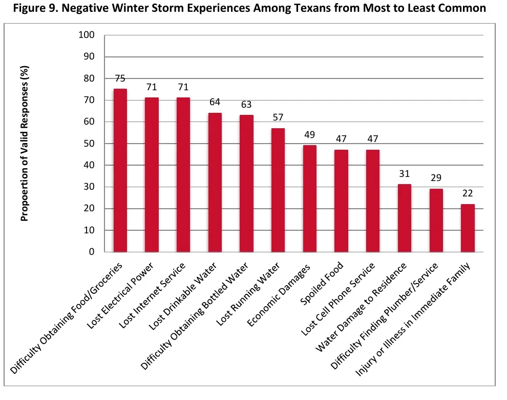 Chart of negative winter storm experiences among Texans, including water damage to residence and difficulty finding a plumber