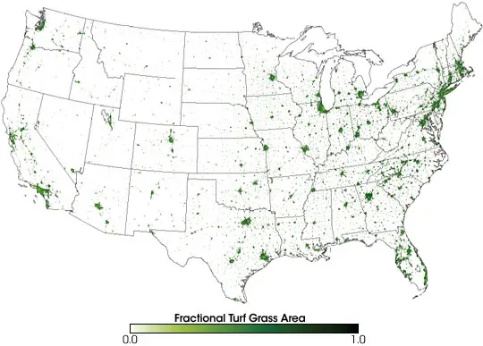 US fractional turf grass area map from NASA, showing lawn cover concentrated around cities and suburbs across the lower 48 states