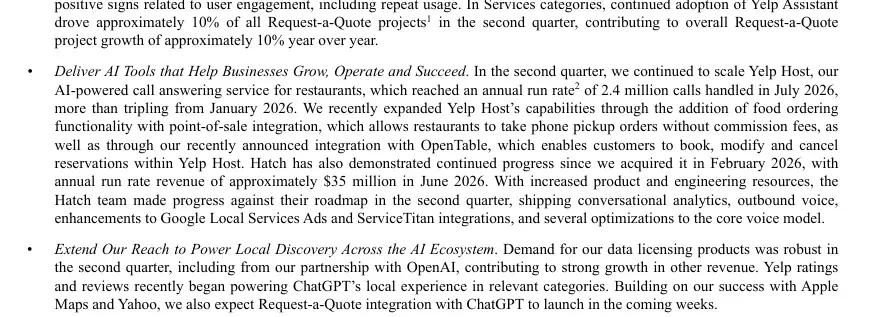 Excerpt from Yelp’s second quarter 2026 report describing Yelp Host call volume and Hatch AI lead management for service businesses