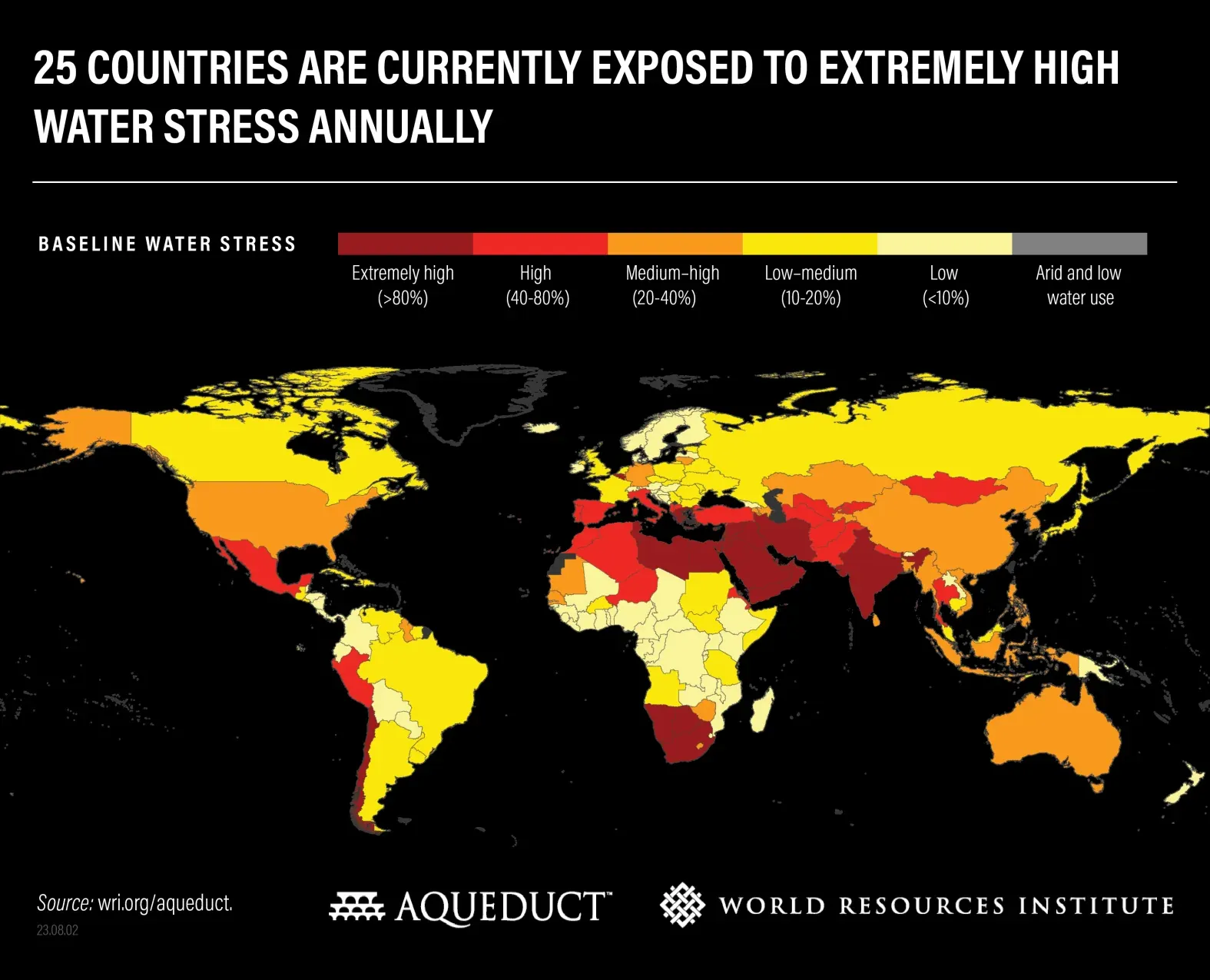 World map of baseline water stress by country, showing 25 countries with extremely high stress