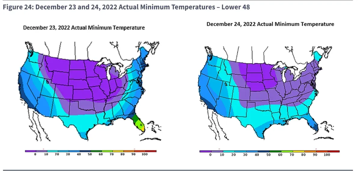 Maps of actual minimum temperatures across the Lower 48 on December 23 and 24, 2022 during Winter Storm Elliott