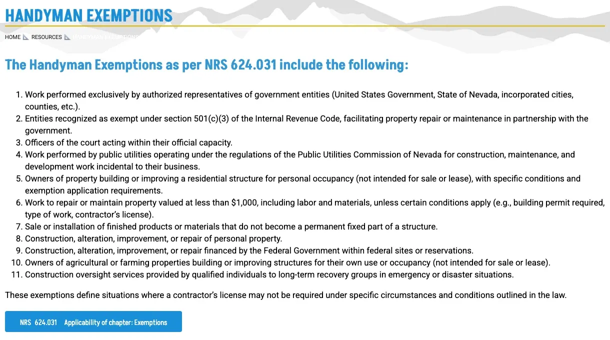 Nevada State Contractors Board page listing handyman exemptions under NRS 624.031
