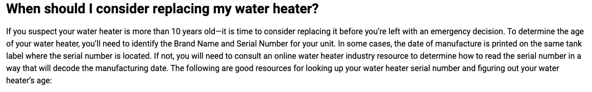 Screenshot of the ENERGY STAR answer on when to replace a water heater