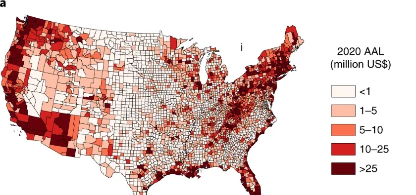 Modeled 2020 average annual flood loss by US county in million dollars, highest along the coasts, the Appalachians and the Pacific Northwest