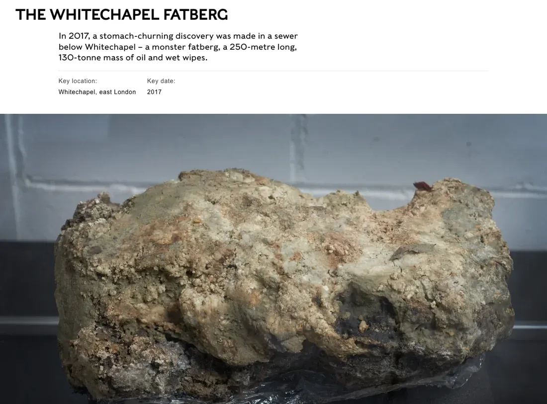 The Whitechapel fatberg: a 250-metre, 130-tonne mass of oil and wet wipes found in a London sewer in 2017