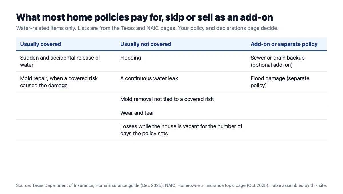 Table of water-related items most home policies cover, do not cover, or sell as an add-on or separate policy