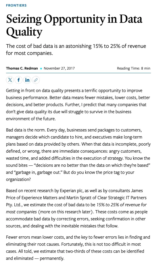 The cost of bad data as a share of revenue, MIT Sloan Management Review, 2017