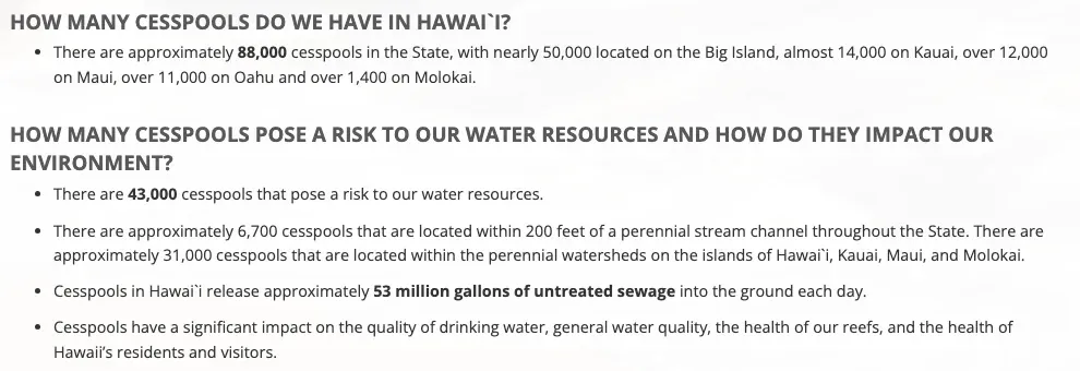 Hawaii Department of Health cesspool counts and the volume of untreated sewage they release daily