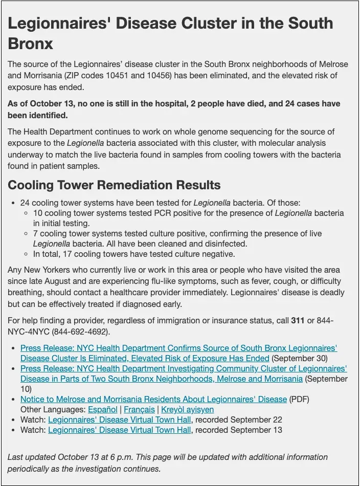 NYC Health Department update on the South Bronx Legionnaires’ disease cluster and cooling tower results, October 2026