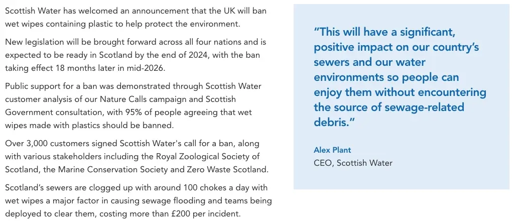 Scottish Water statement of about 100 sewer chokes a day, each costing more than £200 to clear, April 2024