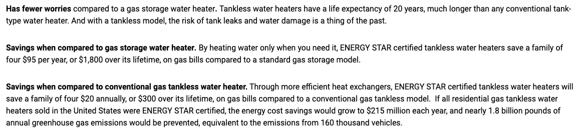 Screenshot of ENERGY STAR savings for gas tankless water heaters compared with gas storage models