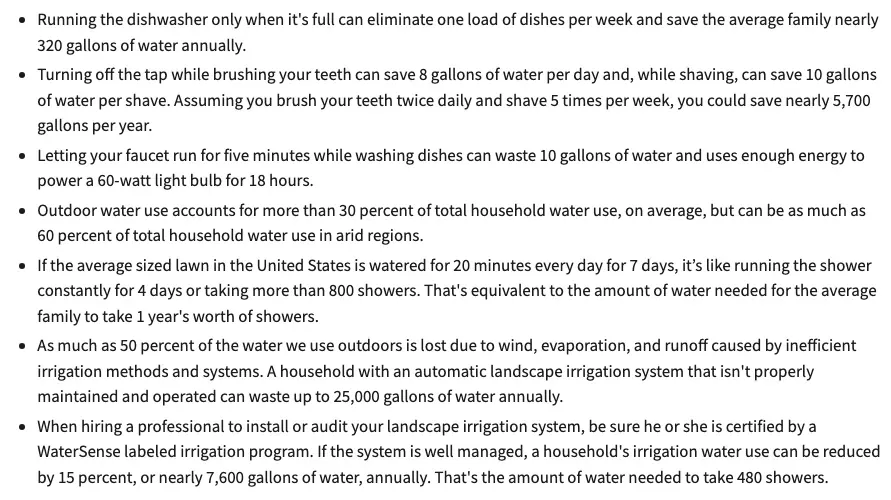 Water waste statistics from EPA: up to 50 percent of outdoor water lost, up to 25,000 gallons wasted by an unmaintained irrigation system, and 10 gallons wasted by a faucet running for five minutes