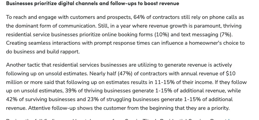 ServiceTitan residential survey text on follow-up on unsold estimates and phone reliance, March 2025