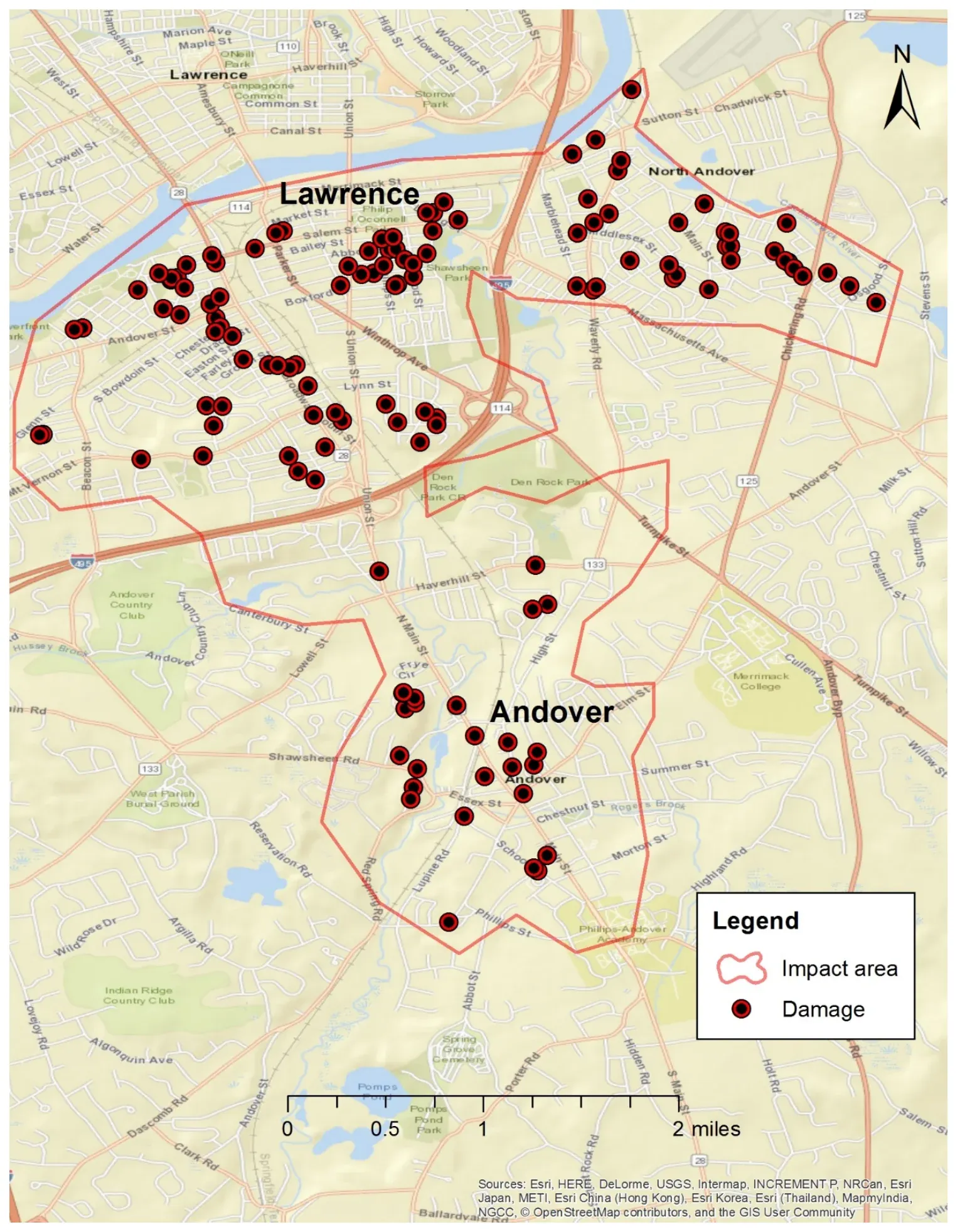 Map of damaged structures in Lawrence, Andover and North Andover, Massachusetts after the September 2018 gas overpressurization