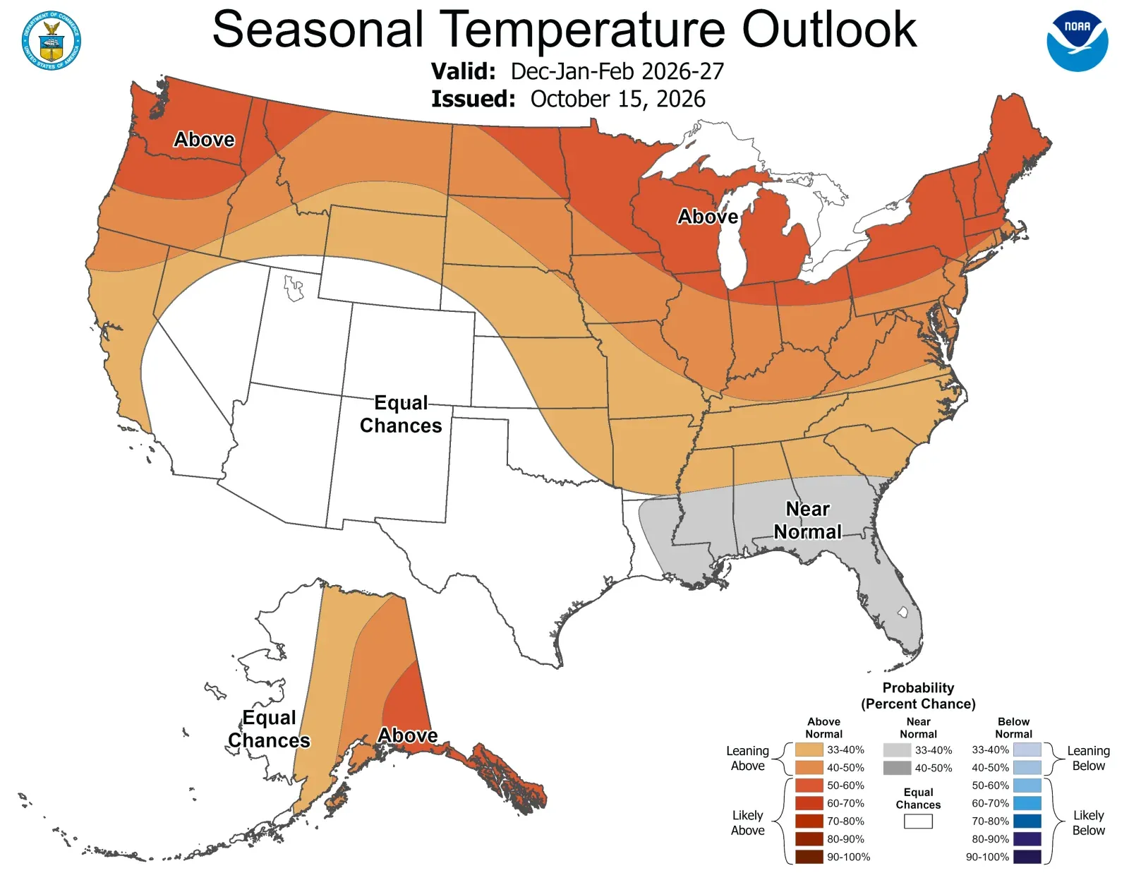 Seasonal temperature outlook map for December 2026 to February 2027 issued by NOAA