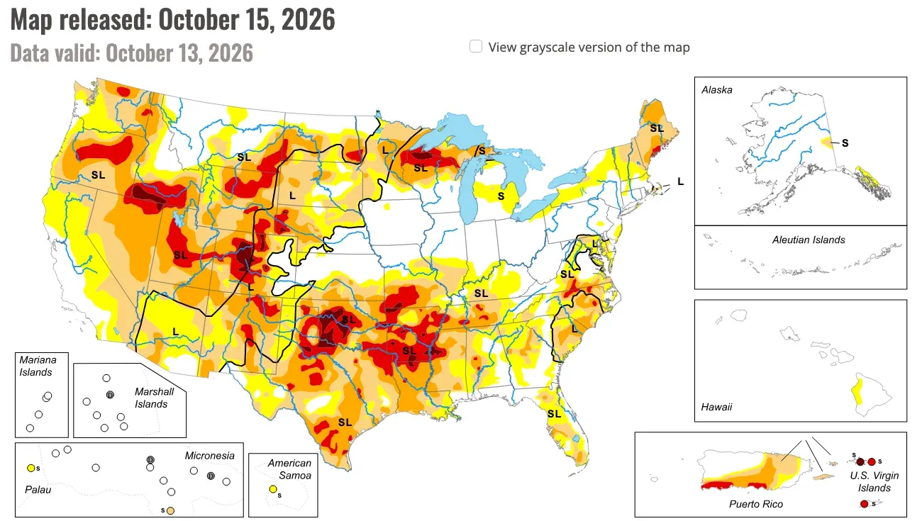 US Drought Monitor map released October 15, 2026, showing drought categories across the United States
