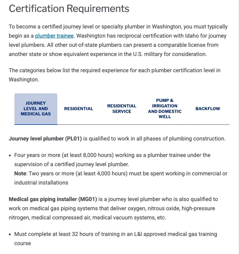 Washington State plumber certification requirements for journey level and medical gas plumbers