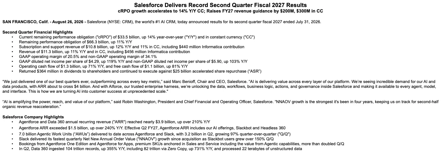 Salesforce second quarter fiscal 2027 results release listing Agentforce annual recurring revenue and agentic work units