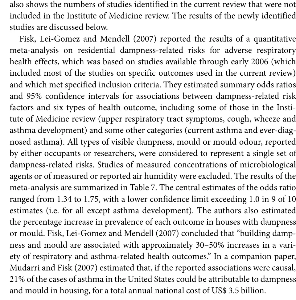 WHO guideline page summarising meta-analysis of dampness and respiratory health