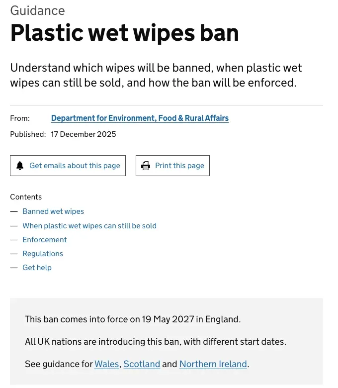 England plastic wet wipes ban guidance page: the ban comes into force on 19 May 2027