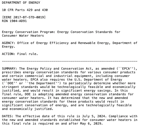 Federal Register summary and dates for the DOE consumer water heater efficiency standards final rule