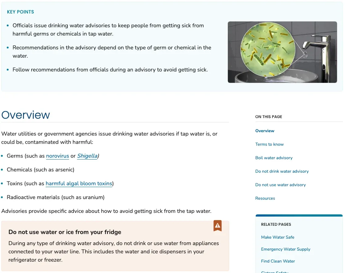CDC page on drinking water advisories, with its key points and the warning not to use water or ice from the fridge