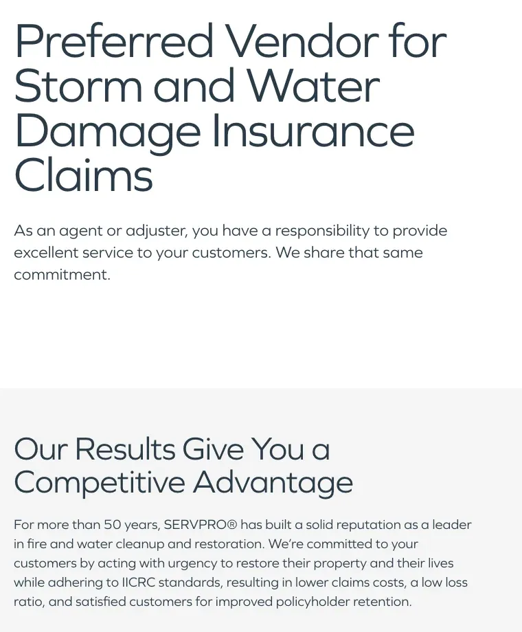 SERVPRO page titled Preferred Vendor for Storm and Water Damage Insurance Claims
