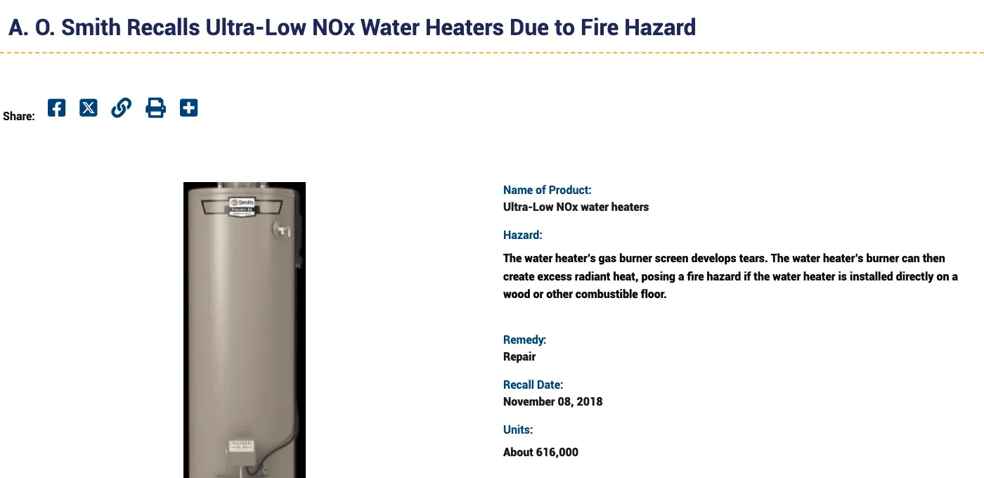 CPSC recall notice for about 616,000 A. O. Smith Ultra-Low NOx water heaters