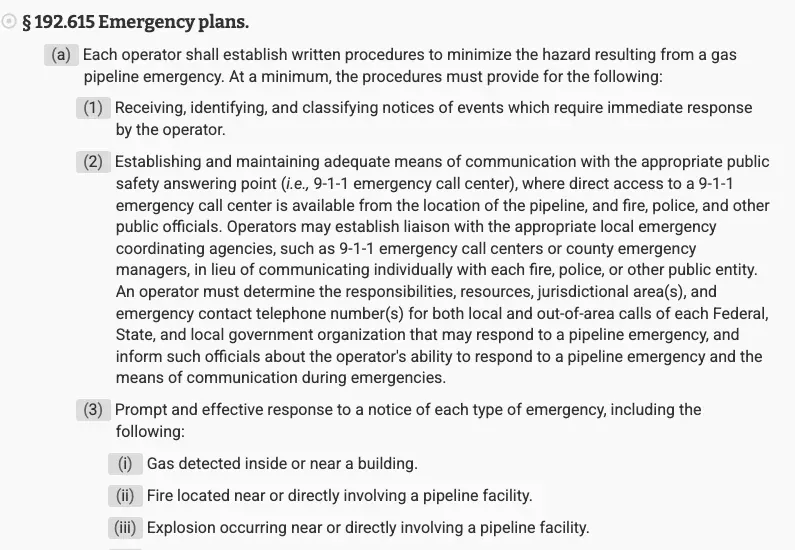 Screenshot of 49 CFR 192.615 Emergency plans, paragraph (a), including gas detected inside or near a building