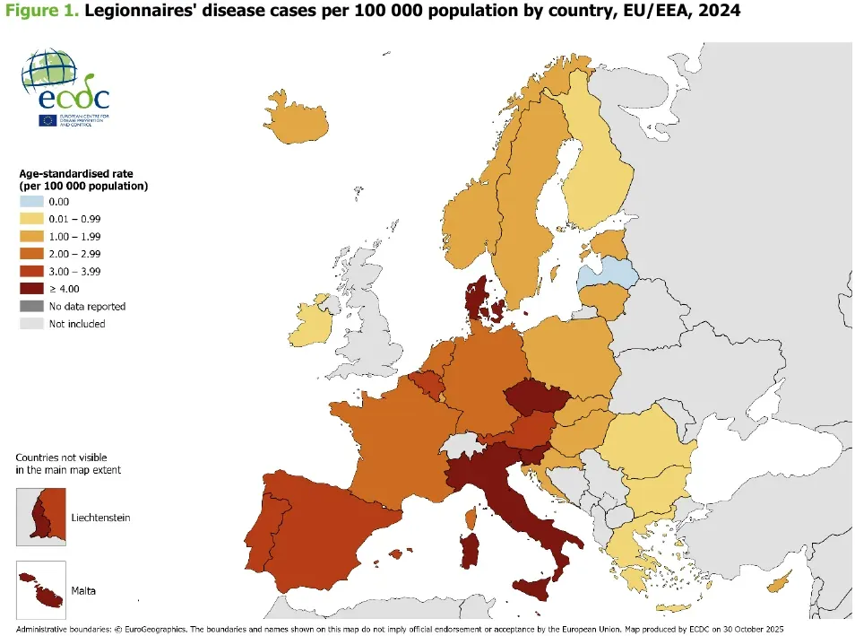 Map of Legionnaires’ disease age-standardized cases per 100,000 population by country, EU and EEA, 2024