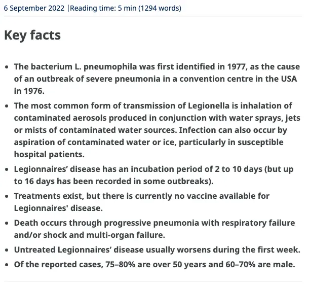 World Health Organization key facts on legionellosis, including incubation period and age and sex of reported cases